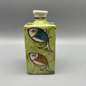 Vintage Hand Painted and Glazed Persian‎ Ceramic Vase - Green 5.5" Fish